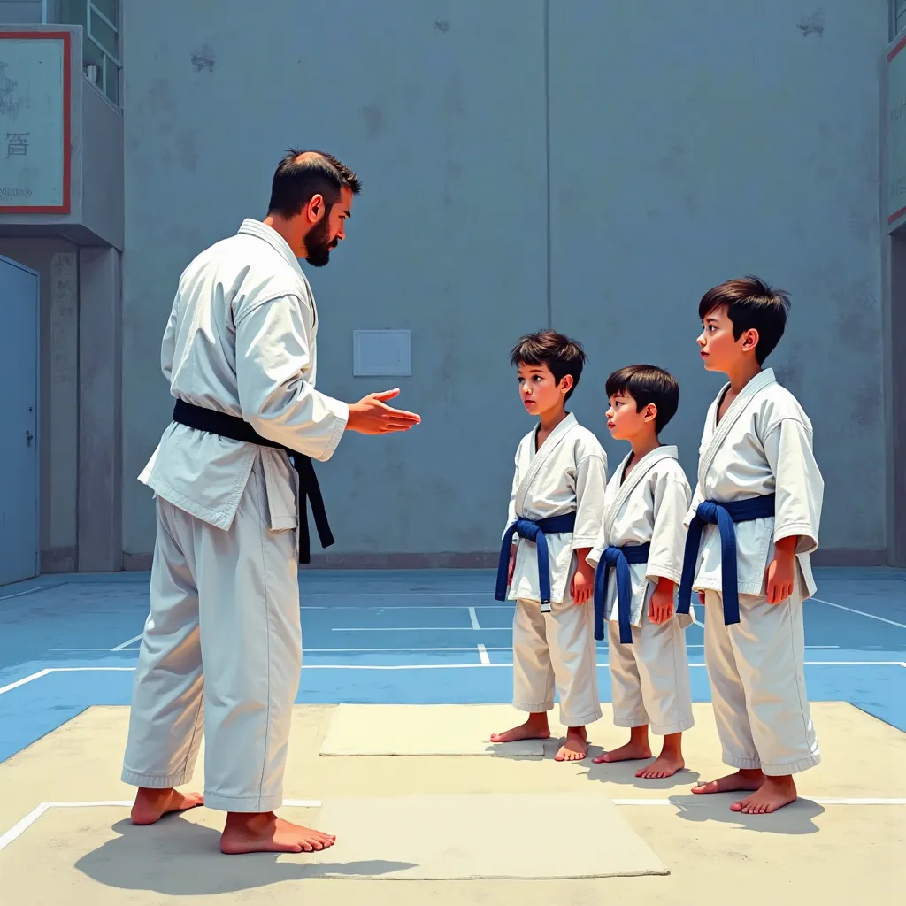  in the center, destaque para crianças com 6 anyou de idade, judokas performing judo training, you(as) judocas deve estar vestidyou(as) With white judogi, The color of their graduation bands is blue, o Professor também vestido With white judogi, The color ...