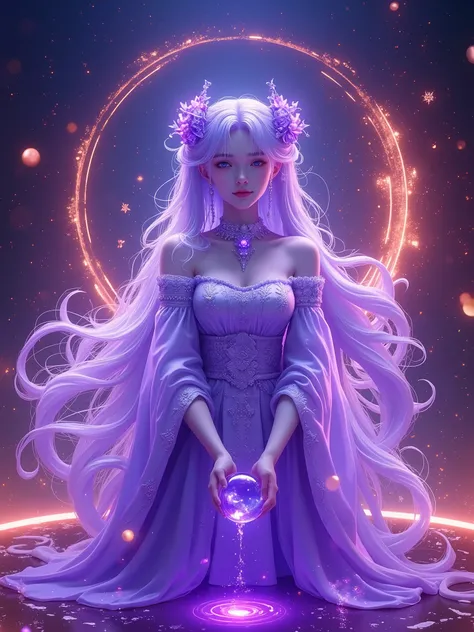 3D realistic style,Scattered golden text,White Purple Long Hair Flowing Japanese Female Magician,Transparent Cyclone Spheres Floating Empty in Hands,Five Neon Fires、ice、water、soil、Lyricism,Phantom Starry Glowing Transparent Rose Star Magic Rim,high resolut...