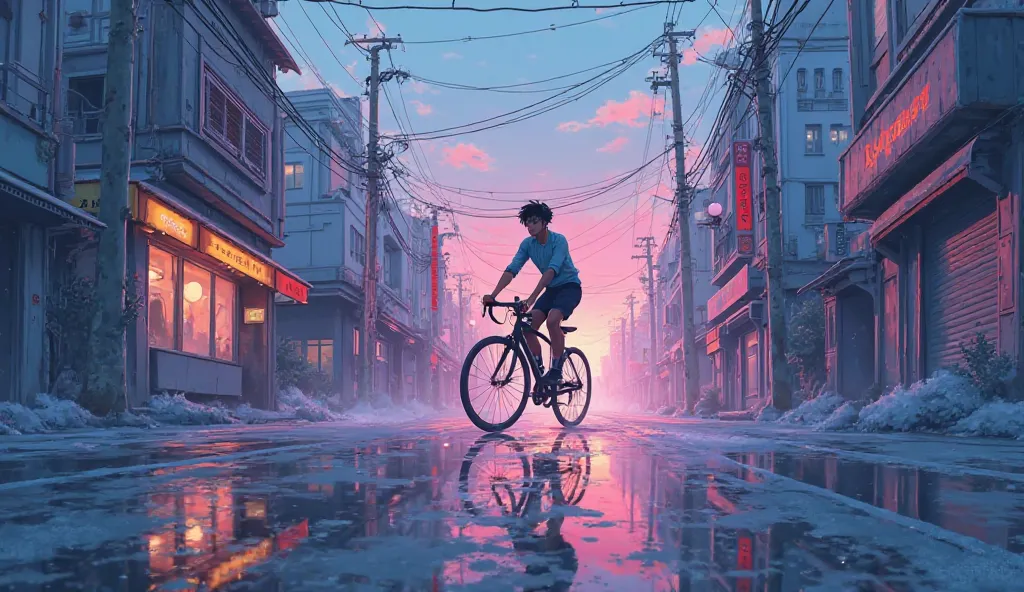 Anime style Biking through empty city streets at dawn
 japan night