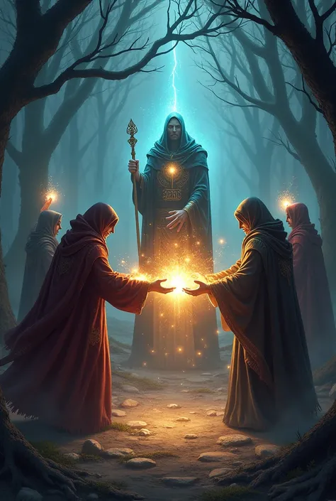 Many people in sorcerers' clothes, throwing amulet powers against each other. The amulets shine over the hands of people, one of them wears a scepter and is on top, The landscape is a shady forest.