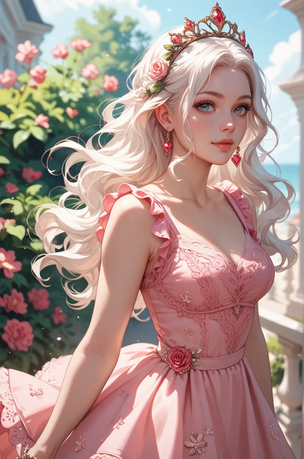 Wavy white haired young woman wearing a pink casual dress with a ruby jeweled tiara.  Her dress has white lace on it