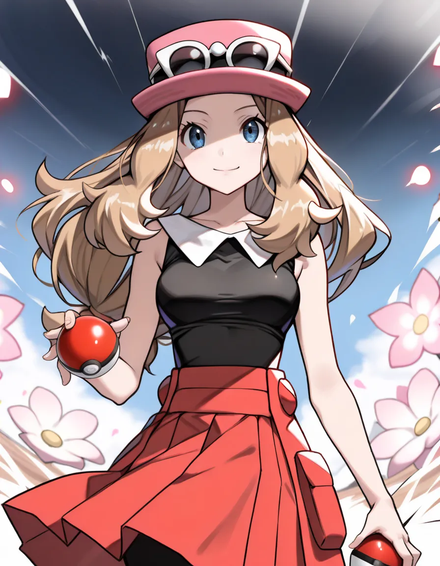  serena, long hair, blue eyes, brown hair,eyewear on head, hat, skirt, sunglasses, shirt, black shirt, sleeveless, red skirt, pink hat,smile,Detailed art style, holding pokeball,BREAK, cowboy shot,Ninfea_(pokemon),open field,wind effects, flower effects,(m...