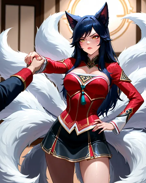 Ahri (1female) from League of Legends, has 9 fox tails, black and red dominant clothes, wears a miniskirt, serious facial expression, gives orders to soldiers, points forward with her hand, photo taken from a distance