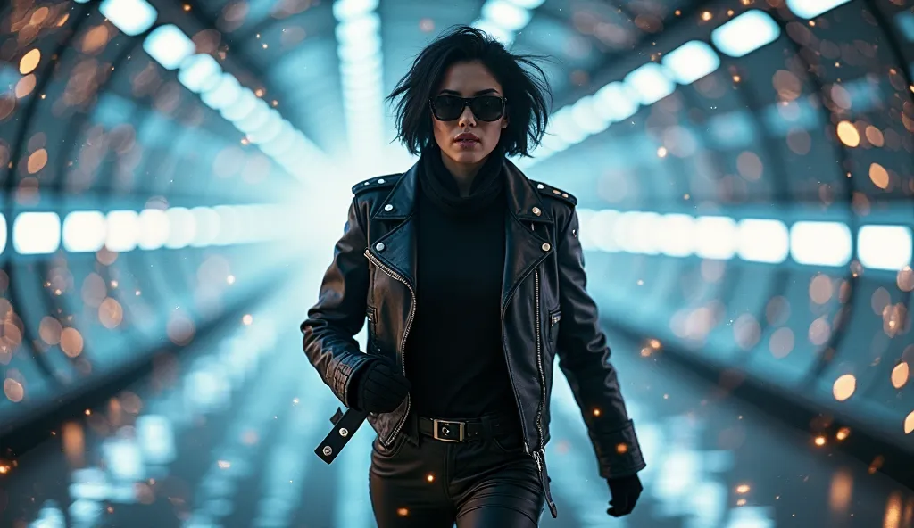 woman with short black hair, covering her neck, wearing a black leather jacket and black leather pants with black sunglasses running through a tunnel of bright lights, digital particles flying around, cinematic, cyberpunk, ultra-dynamic.. Ultra-realistic i...