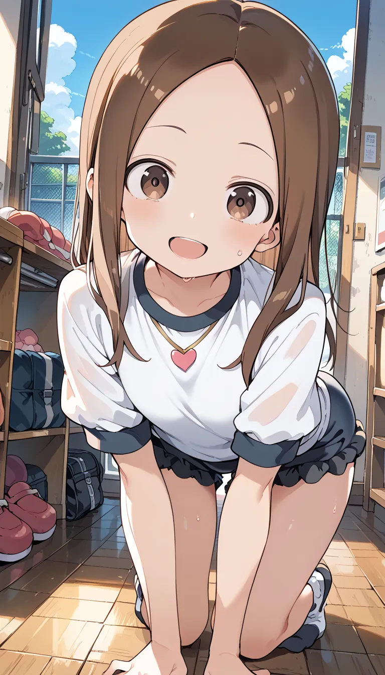 NSFW ((Takagi))Top Quality, (masterpiece:1.2), very well detailed,
Outdoors, cloud,
1 girl, alone, standing, is staring at the viewer,  open your mouth , smile, teeth,
brown hair,, brown eyes, scrunchie ,  heart necklace ,
,((( Black Bloomer , schools, gym...