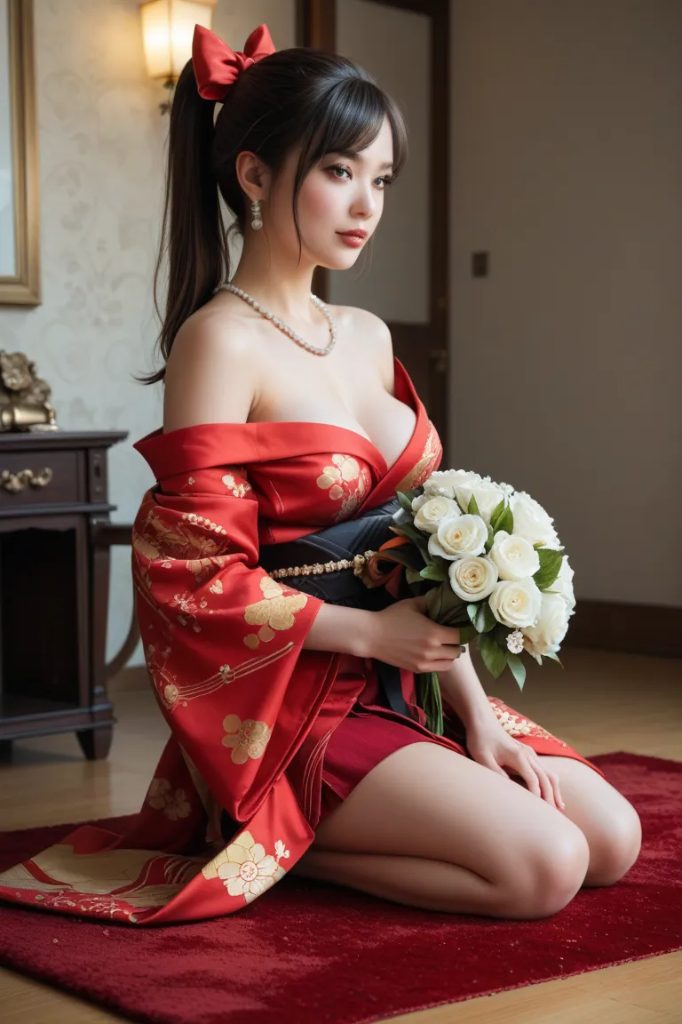 A striking fashion photo featuring a Japanese girl with prominent breasts and Exaggerated proportions. she was comfortable on the dark red carpet. Soft, , her knees slightly exposed through, exquisite off-shoulder black and red kimono with gold print. Her ...