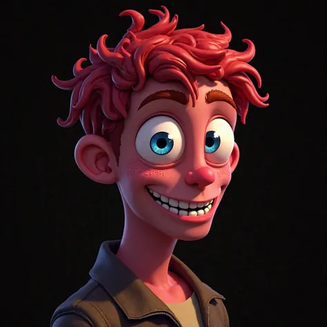 Male kraken, anthropomorphic shape, 20-years-old, light red skin, blue eyes, dark red hair with gelatinous aspect, shilly smile, gills in his neck, black background, portrait, based on the DreamWorks movie "Ruby Gillman"high quality, 4k, comic animation st...