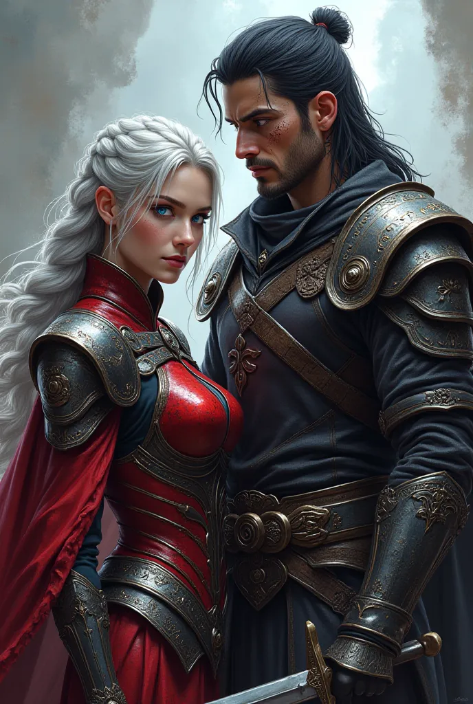 Create a couple. The woman with a red and black armor and sword, long silver braided hair and violet eyes.

The white man with the tall black hair, blue eyes, With freckles and armour with sword