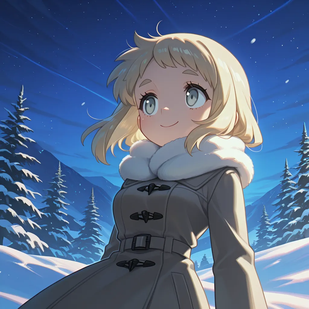 A girl with short blond hair and gray eyes wears a coat and controls the snow, looking at the spectator, with a smile on the face, small waist and showing off her two 