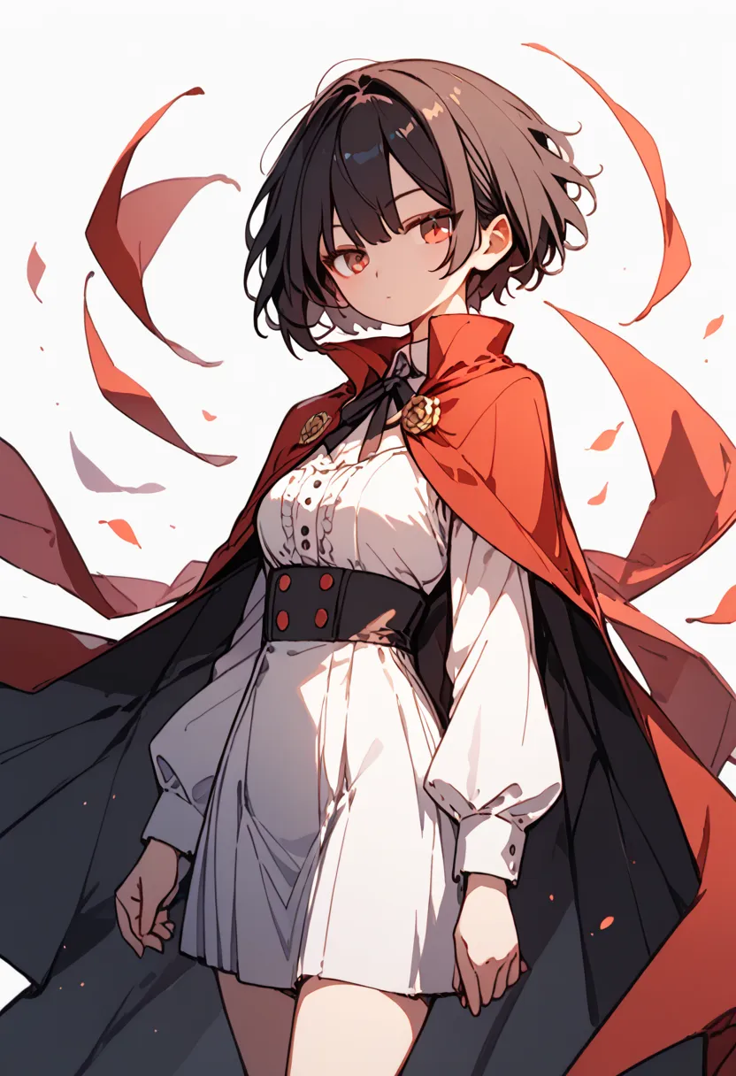 dark red black hair, red eyes , short hair, formal attire, cape, sorcerer