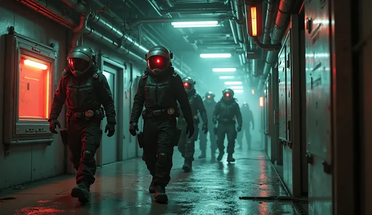 Create an intense, 8K quality cinematic image rendered in the style of Unreal Engine 5, depicting the characters cautiously moving in a single direction through rooms in a futuristic space station. The space station has a dark, industrial design with metal...