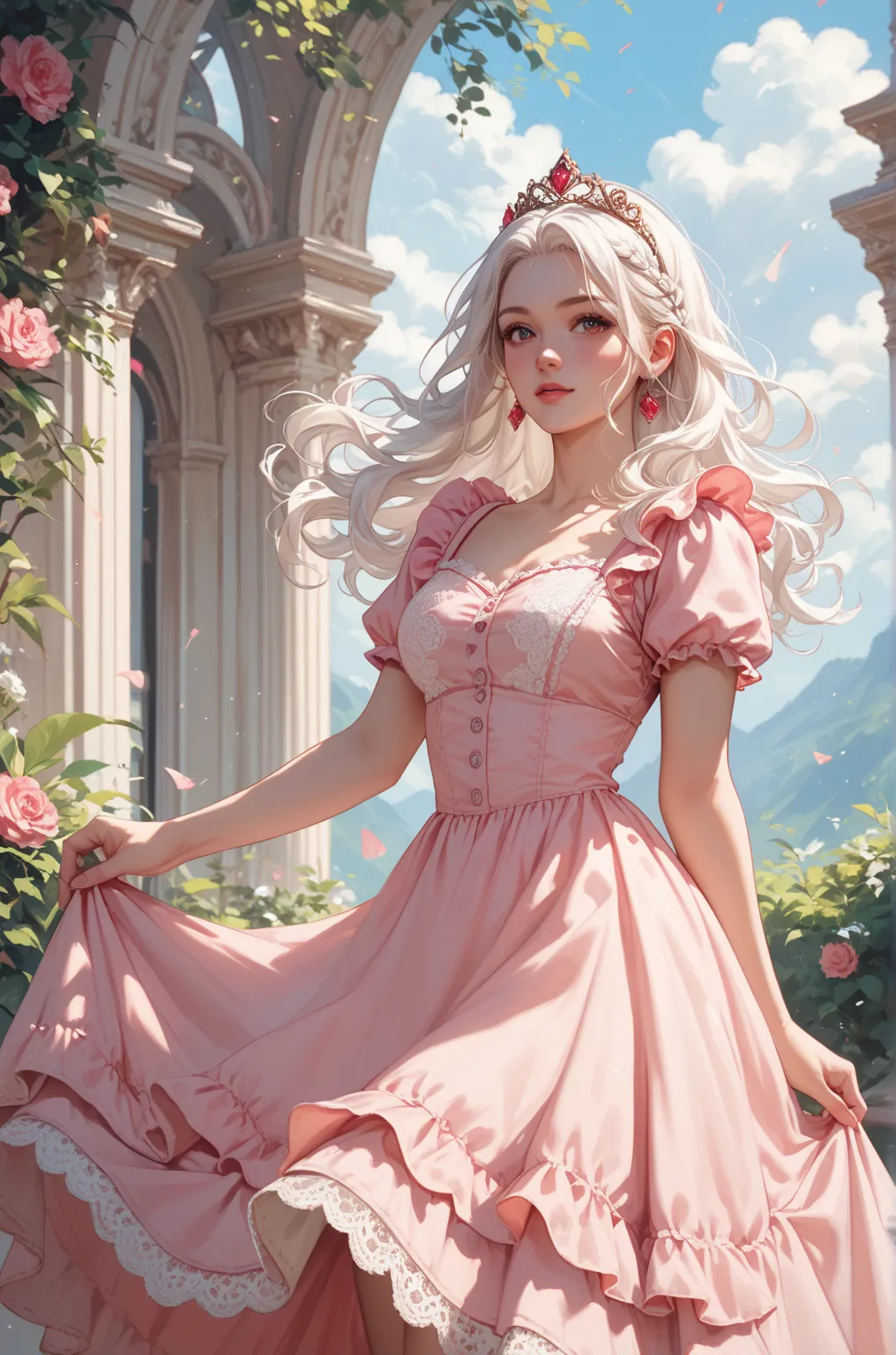 Wavy white haired young woman wearing a pink sundress with a ruby jeweled tiara.  Her dress has white lace on it