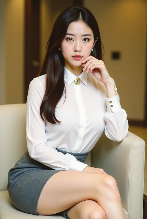 a young woman seated on a light-colored chair in an indoor setting, likely an office or lounge. She has long, dark hair styled neatly, and her expression is poised and confident. She is dressed in a professional yet stylish outfit, consisting of a white bl...