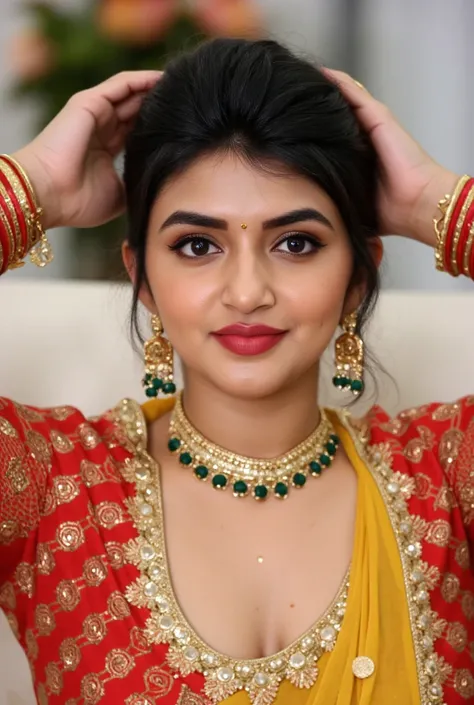 Indian beautiful woman sexy alluring face bhabhi,Kajal in eyes, heavy mascara,Giving sexy look to viewer's,big long earring,Medium size mole on breast and armpits,Both hand's stretched up above the head showing dark hairy stubble armpits,Sindoor Vermilion ...