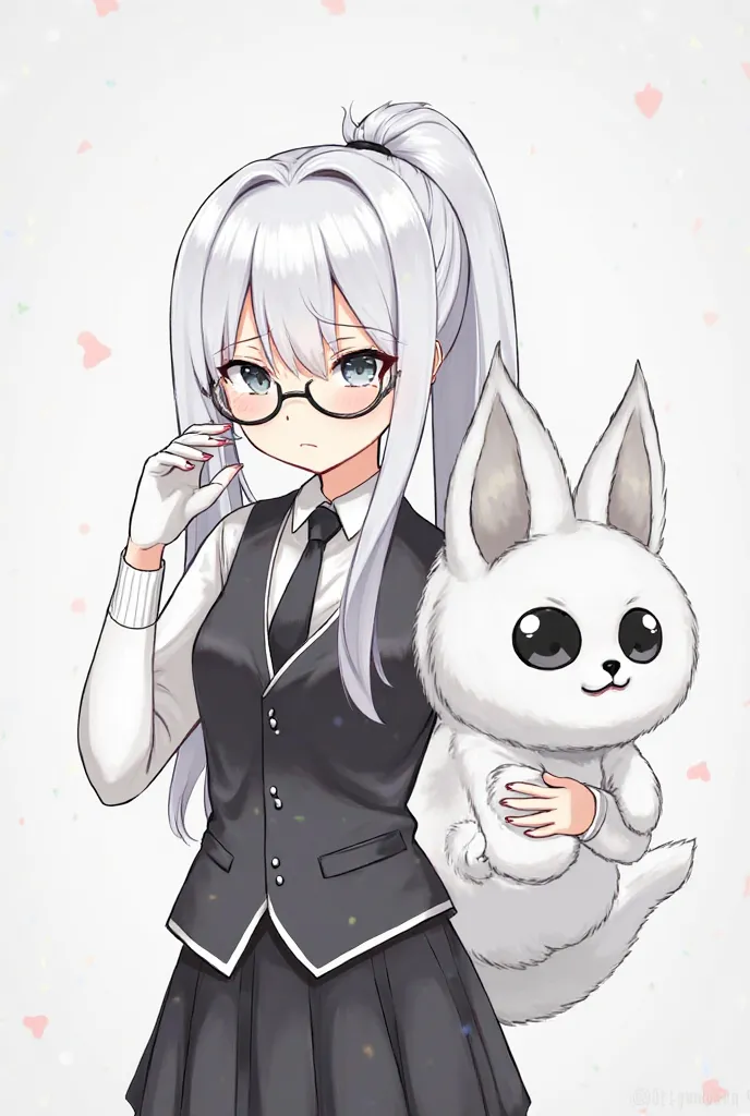 A girl with white long pony hair Black/White suit vest with gloves
Grey Eepy sad Eyes
Black oni horns
Low thin round glasses black
Mini black skirt
Knitted arm warmers very white standing with  her white Kitsune Fox pet anime Vershion 
