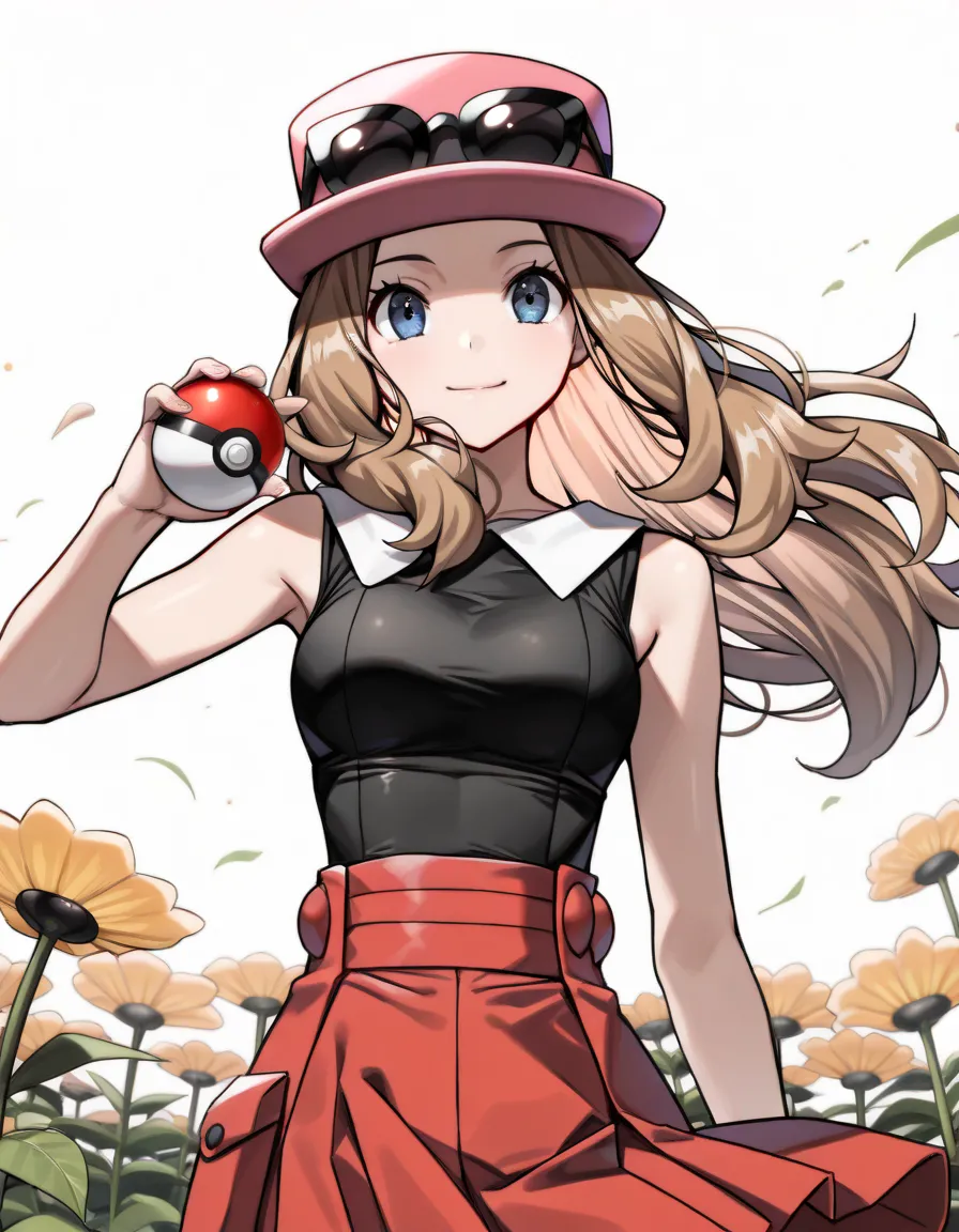  serena, long hair, blue eyes, brown hair,eyewear on head, hat, skirt, sunglasses, shirt, black shirt, sleeveless, red skirt, pink hat,smile,Detailed art style, holding pokeball,BREAK, cowboy shot,Ninfea_(pokemon),open field,wind effects, flower effects,(m...