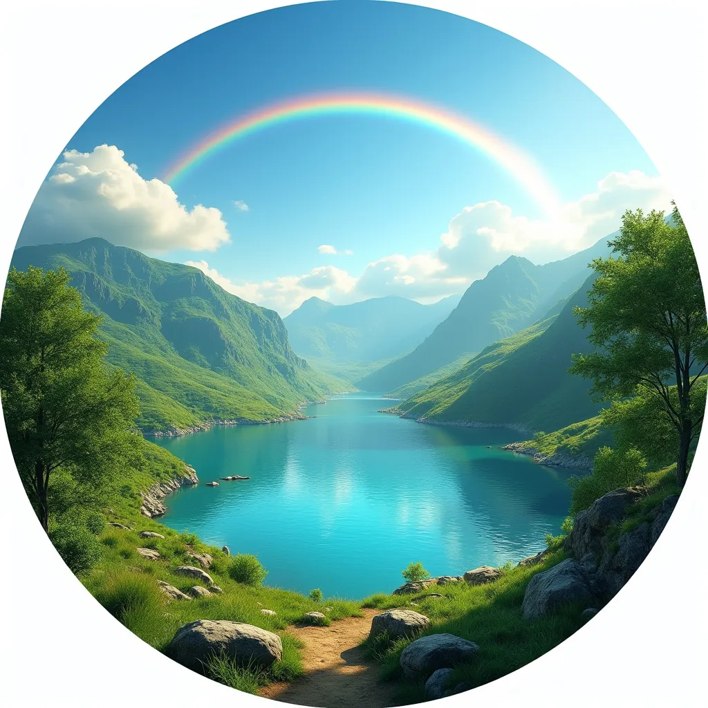 Create an ultra-realistic circular image titled 'Fake Land'. The scene should feature a vibrant landscape with lush green hills, a crystal-clear blue lake, and a bright, sunny sky. Include a few fluffy white clouds and a rainbow arching over the hills. The...