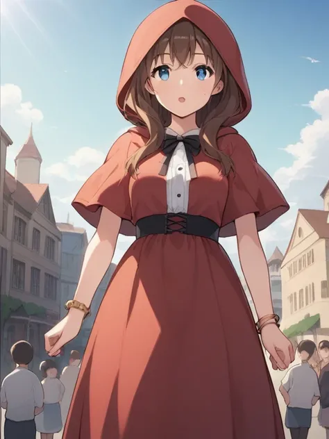 prompt: score_9, score_8_up, score_7_up,   source_anime，nsfw， uncorrected，((masterpiece)), 1 girl, Alone, long hair,  Little Red Riding Hood, Young Girl，Low body， body type，blue eyes, standing, is embarrassing，brown hair, puffy face, look away, bracelet，so...