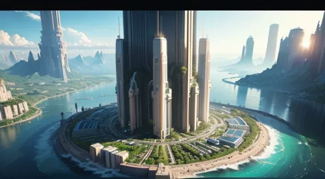 16k, detailed representation，photorealistic，realistically，very realistic，Photo realism, The ultra-detailed,The city of the future， Clean Energy ，Green environmental protection，Monte，water，waterfall，，Beautiful environment，integration of ancient Eastern arch...