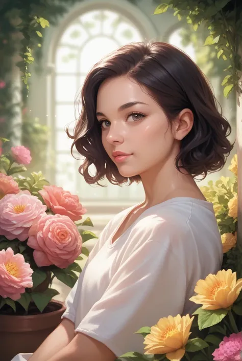 a ,  portrait,  Young,  dark hair, eyes, soft facial expression, relaxed posture, Sitting in a flowery garden, surrounded by colorful flowers,  soft light, oil painting, high resolution, fine details, photorealistic, vivid colors, bokeh