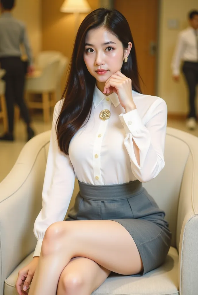 a young woman seated on a light-colored chair in an indoor setting, likely an office or lounge. She has long, dark hair styled neatly, and her expression is poised and confident. She is dressed in a professional yet stylish outfit, consisting of a white bl...