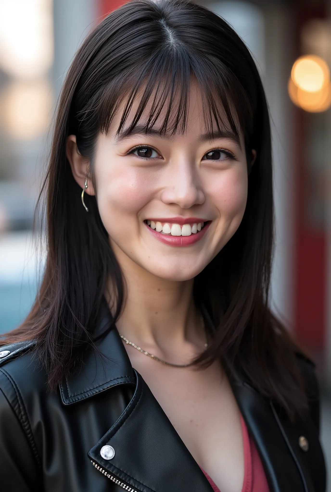 Beautiful young woman 、 Chinese women、 black hair、Hairstyle Semi Long、、Necklace around the neck、、leather jacket、shirt、smile, Beautiful teeth alignment、Highlight teeth、 サングラス、The background is the town、Ear piercing

