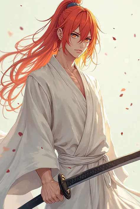 I draw a man like the anime drawing. He has very long red and orange hair and eyes. He also wears a soft, loose old white Japanese costume and holds a katana sword in his right hand 