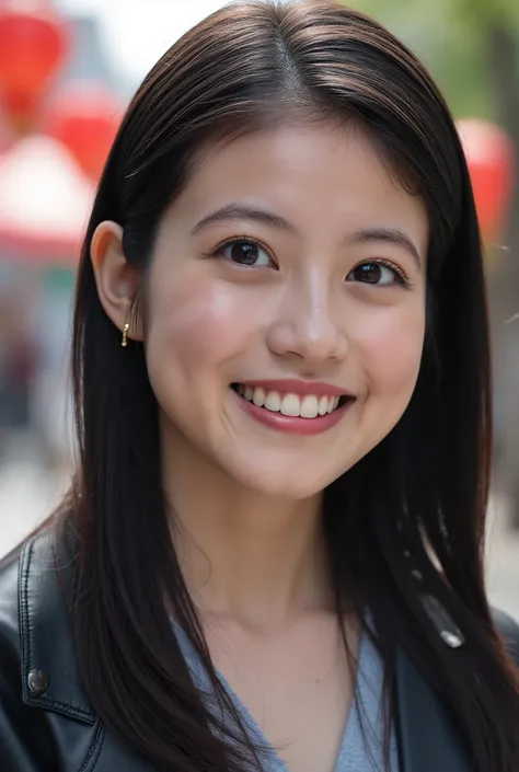 Beautiful young woman 、 Chinese women、 、Hairstyle Semi Long、、Necklace around the neck、、leather jacket、shirt、smile, Beautiful teeth alignment、Highlight teeth、 The background is the town、Ear piercing