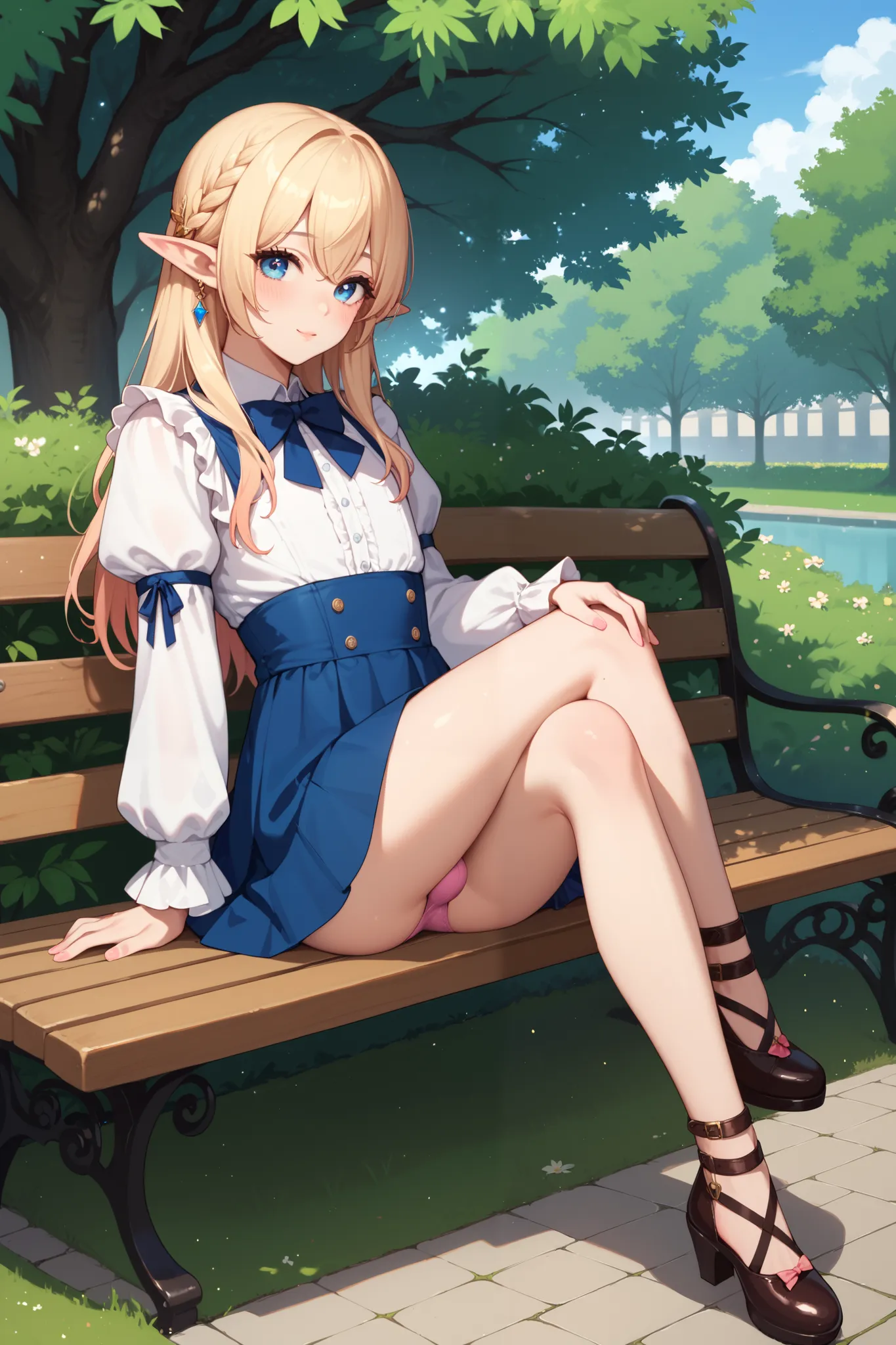 1boy. otoko no ko. trap. androgynous. elf. long blond hair. blue eyes. short stature, slim body, feminine. wearing white blouse, blue skirt, pink panties. medieval fantasy. sitting on bench. park. hands lifting skirt, small bulge.