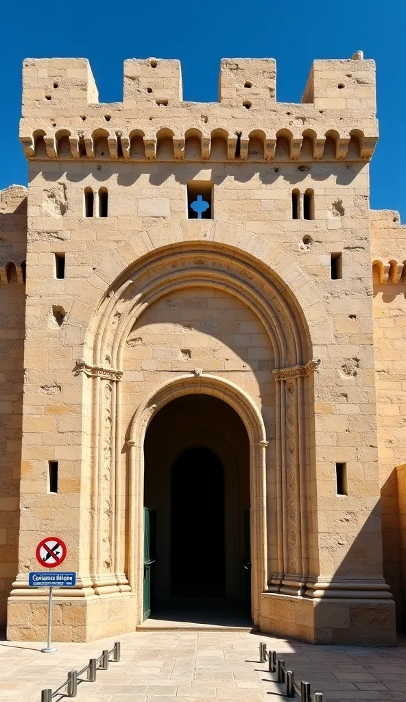 An old beige, weathered stone wall, with a large arched door in the center. The structure bears battle marks, holes and erosions, evidencing its long history. The door has a narrow and dark passage, surrounded by sturdy stones. Above the arch , there are o...