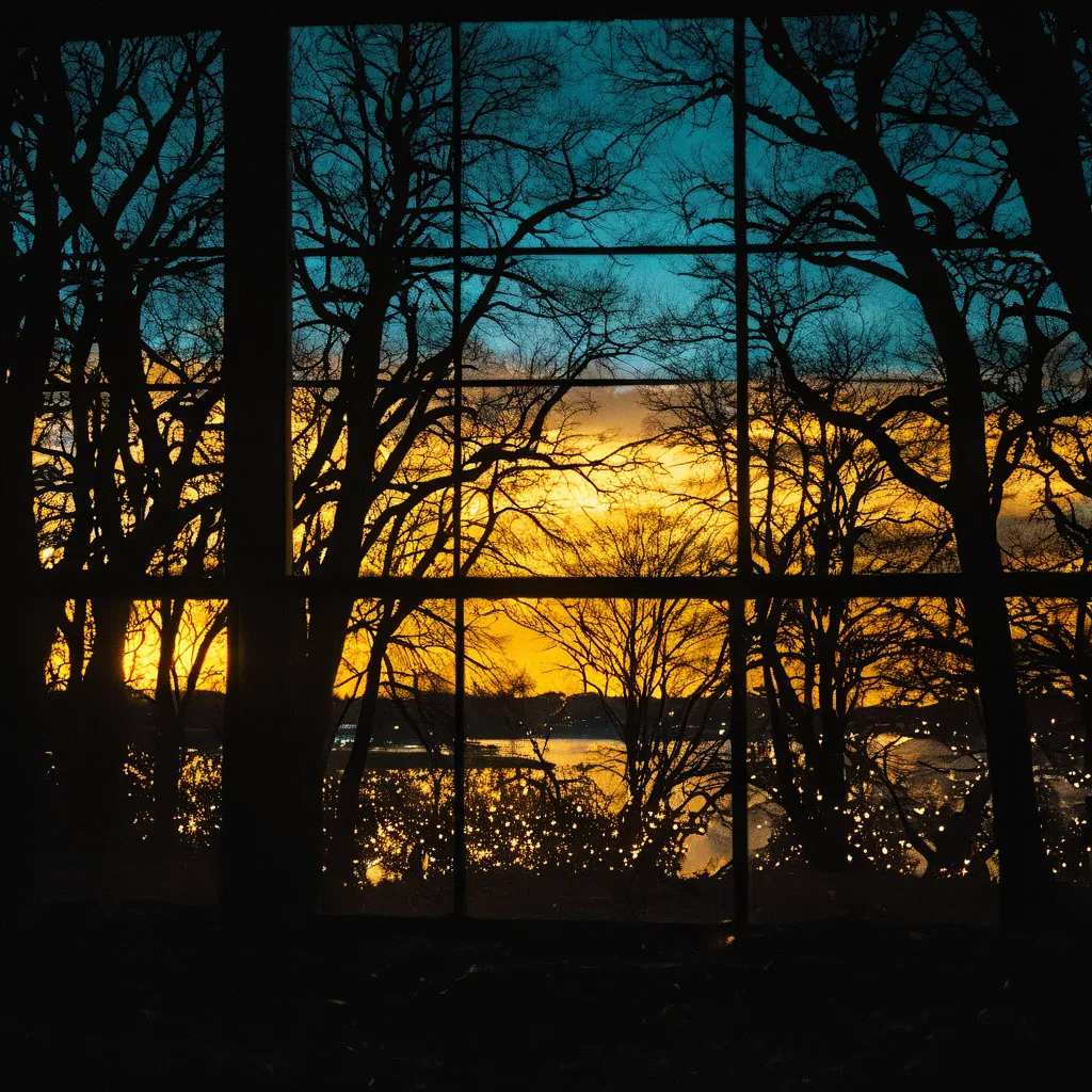 trees illuminated at night, sparks scatter all around, provide the only light source in dark surroundings. The scene is dramatic and breathtaking, reflecting the feeling that hope is feathered. 35mm film Visual characteristics such as film grain, Vignette ...