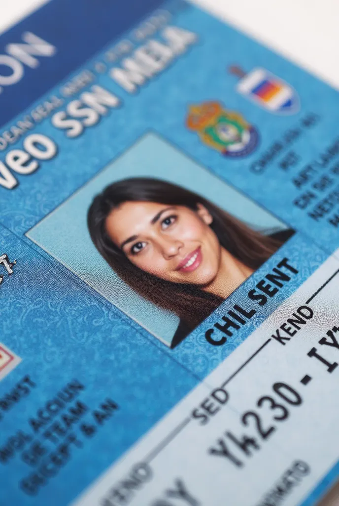 a close up of a blue id card with a picture of a woman, a digital rendering by david rubín, tumblr, quito school, tvn, ssr card, detailed image, chile, exploitable image, png, tenet, whole card, chilean, passport, in 2 0 1 5, full card design, foto realist...