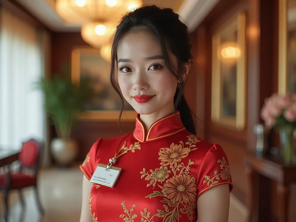 8K ultra-high definition, presenting the interior scenes of a six-star hotel in a realistic style.
The picture focuses on a beautiful Chinese waitress in a six-star hotel with high-end and luxurious decoration. The interior decoration of the hotel is high-...