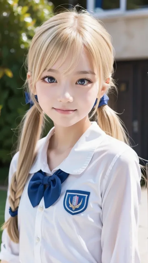 blonde hair,twin tails, school uniform,young beautiful girl,super slender body,Correct human body,detailed eyes,detailed face,beautiful face,cute face,beautiful skin,Eyes of the same size left and right,droopy eyes,an embarrassing smile,highest resolution ...