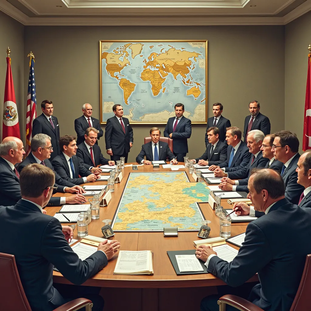 Picture a conference room where representatives from different countries are seated around a large table, engaged in intense discussions. The room is filled with maps, charts, and documents related to trade. Delegates are speaking, gesturing, and taking no...