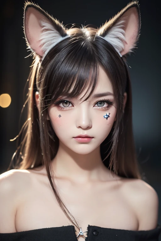 (Masterpiece,  best quality ), (( 1 girl, (Mature women)  long hair), (Star-shaped pupils,  +_+,  symbol pupil, Sparkling Eyes), (Cat ears,   open mouse)), ( viewers, A faint smile,   off shoulder ), (Abstract, Multicolor background, Abstract background,  ...