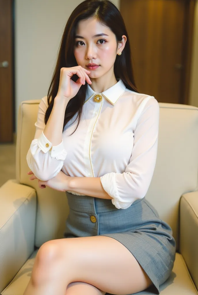 a young woman seated on a light-colored chair in an indoor setting, likely an office or lounge. She has long, dark hair styled neatly, and her expression is poised and confident. She is dressed in a professional yet stylish outfit, consisting of a white bl...