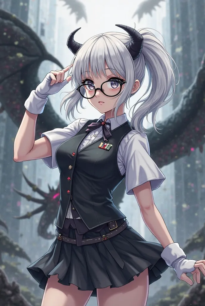 In the battle Ground A girl with white long pony hair Black/White suit vest with gloves
Grey Eepy sad Eyes
Black oni horns
Low thin round glasses black
Mini black skirt
Knitted arm warmers very white Fighting with Darkness Dragon anime Vershion 
