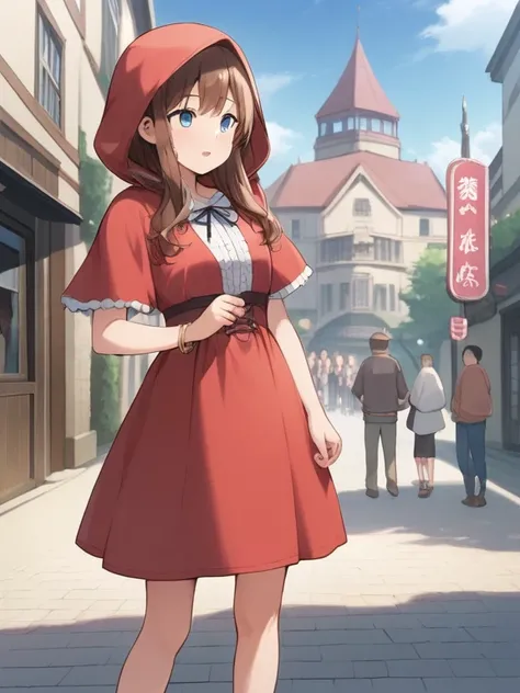 prompt: score_9, score_8_up, score_7_up,   source_anime，nsfw， uncorrected，((masterpiece)), 1 girl, Alone, long hair,  Little Red Riding Hood, Young Girl，Low body， body type，blue eyes, standing, is embarrassing，brown hair, puffy face, look away, bracelet，so...