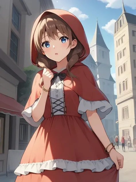 prompt: score_9, score_8_up, score_7_up,   source_anime，nsfw， uncorrected，((masterpiece)), 1 girl, Alone, long hair,  Little Red Riding Hood, Young Girl，Low body， body type，blue eyes, standing, is embarrassing，brown hair, puffy face, look away, bracelet，so...