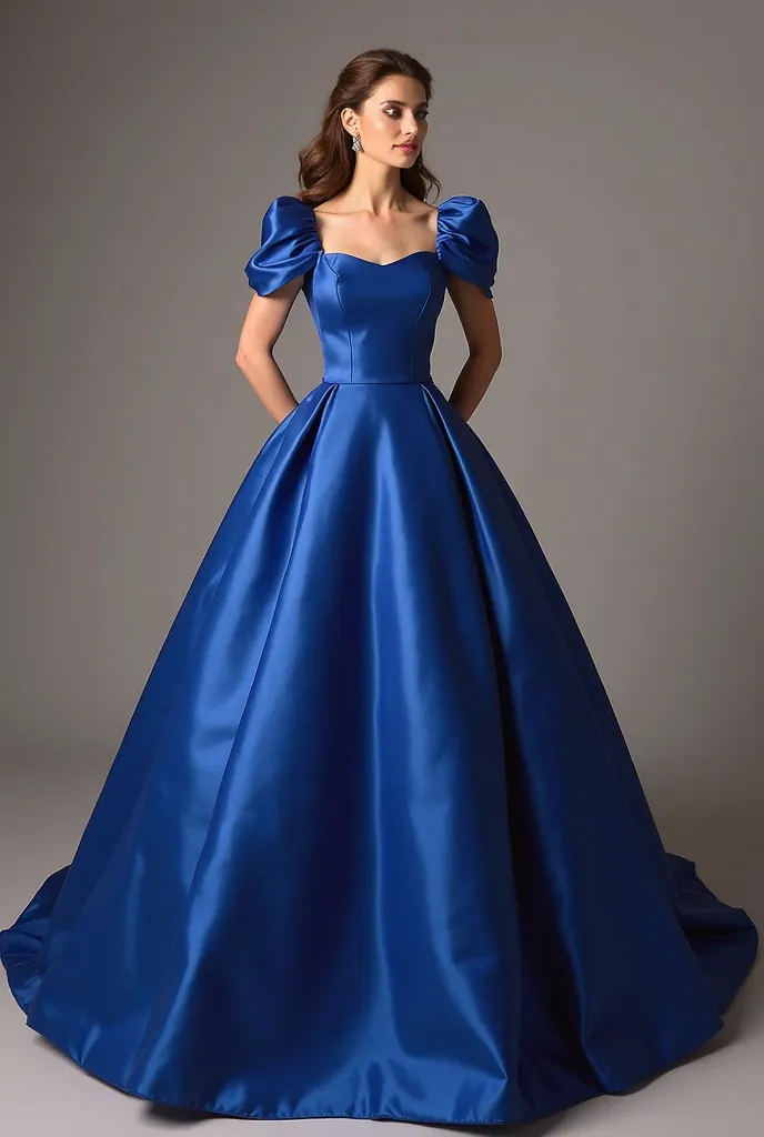 Ball Gown Description:

The dress is a deep, rich royal blue, exuding elegance and regality. The fabric has a silk-like effect, made from luxurious satin or silk-blend material, giving it a subtle yet luminous sheen as it catches the light.

Bodice & Neckl...