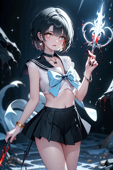 Top Quality, High Resolution,  Dark Fantasy Art 。

the black sailor suit shakes。enemies(Who was invaded by enemy magic and turned into a vampire:1.5)。and(blood and completely brainwashed by evil:1.4)、(She became a family member of an enemy king:1.5),(full ...