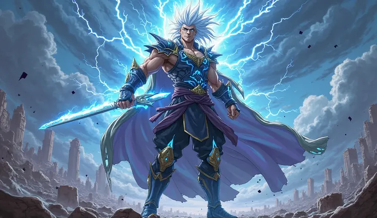 An epic shonen anime warrior, Ragnar Kaelstorm, the King of Thunderclaps, stands powerfully in the midst of an electrified battlefield. He is a towering figure at 1.95 meters, with a muscular yet agile physique, perfect for high-speed combat. His piercing ...