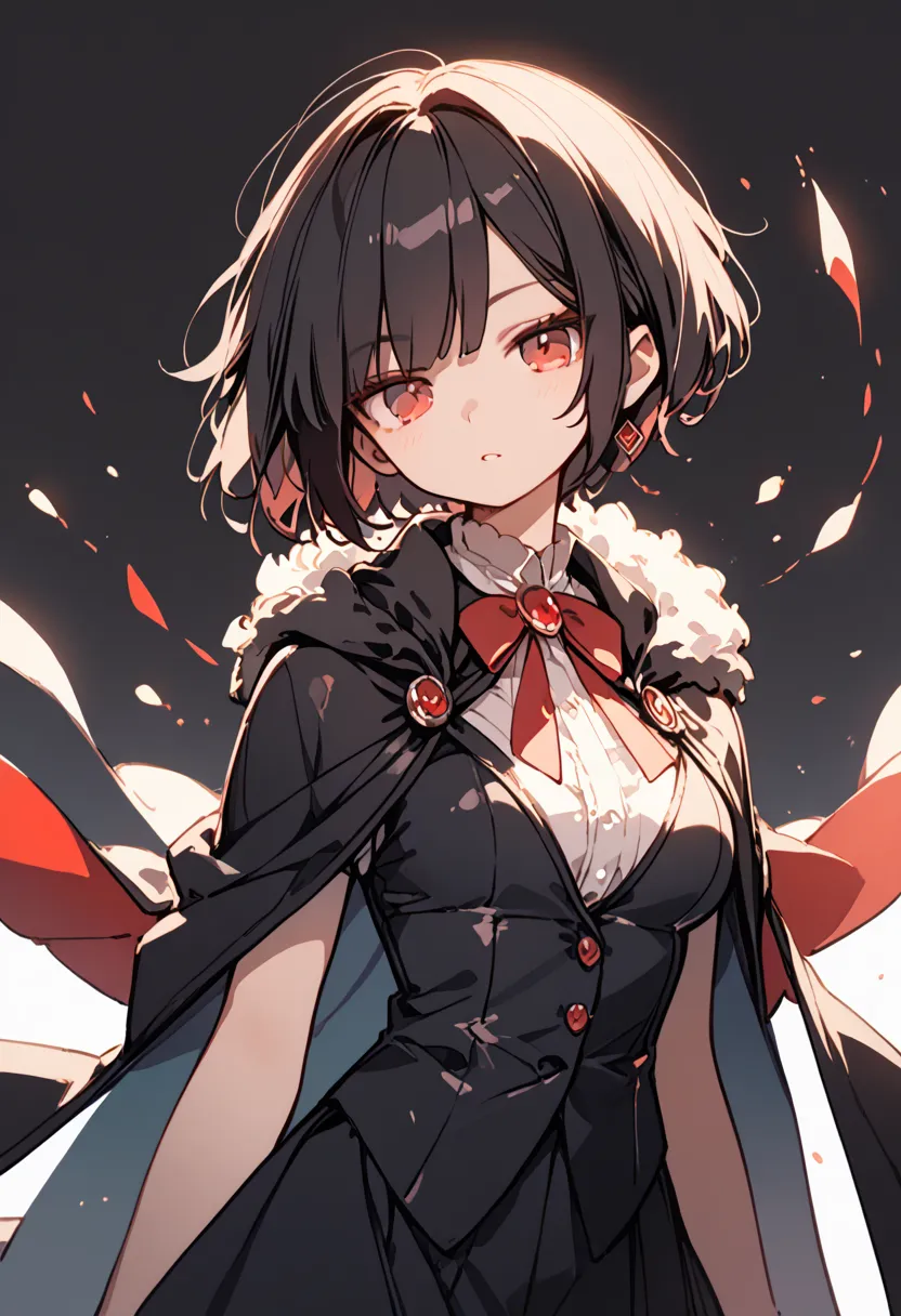 dark red black hair, red eyes , short hair, formal attire, cape, sorcerer