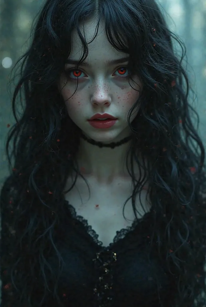 Draw me a young vampire girl with black wavy hair 