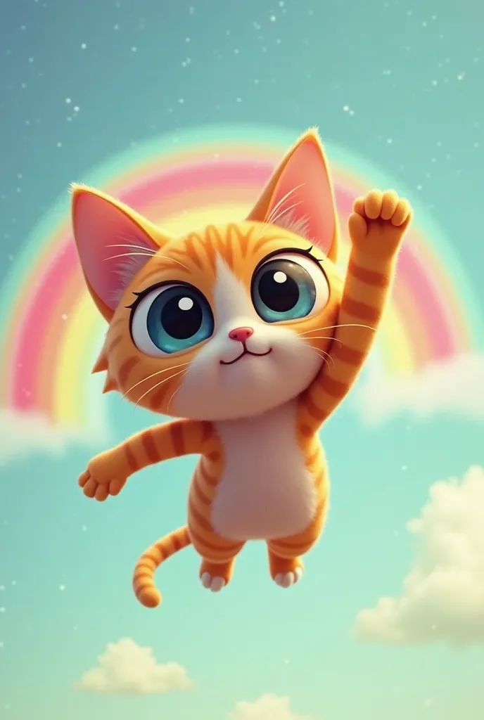 Front view of a cat flying upwards with one arm extended upwards like the pose of Superman but with an animated aesthetic like powerpuff girls. In the background a semicircular halo with the colors of the rainbow.