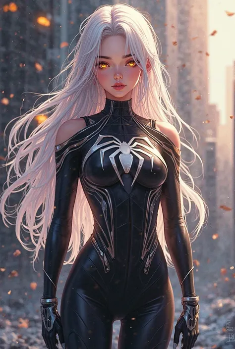 (artwork, maximum quality, best quality,  official art , beautiful and aesthetic:1.2) Anime Female Spiderman, long white hair, golden eyes,  black and white clothes , black and white pants.
