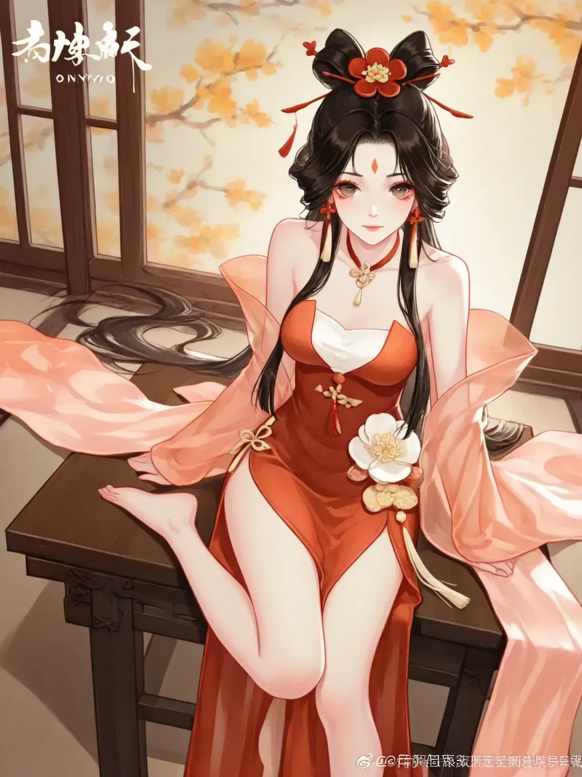  hand-drawn art style ： Onmyoji， Attractive anime girl，Wear a gorgeous dress，big eyes，Delicate release，Beautifully swore。sitting at the table，Barefoot