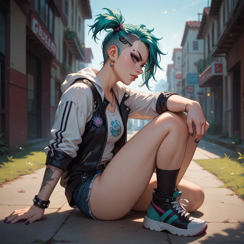 punk　girls　Sit on the ground with one knee on the ground　Challenging　Side view　Turn your gaze to the viewer　pigtails　accurate human body