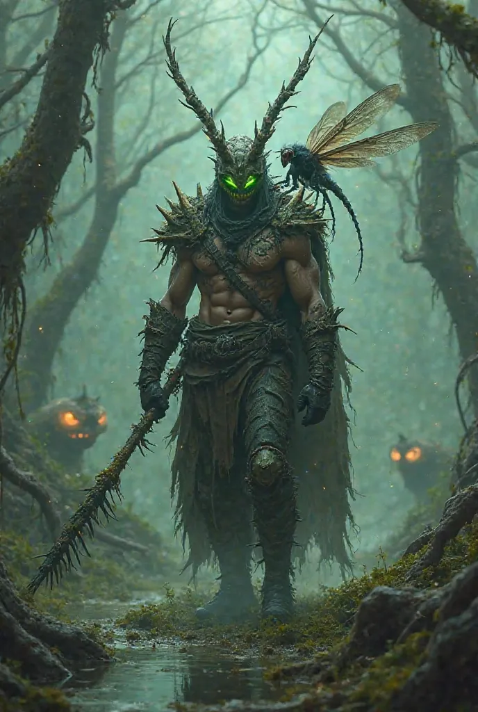 A cinematic, hyper-detailed portrait of the Swamp King, a legendary hunter wielding a monstrous Insect Glaive, standing in a misty, eerie swamp. His muscular physique is built for speed and agility, emphasizing his acrobatic prowess in aerial combat. His a...